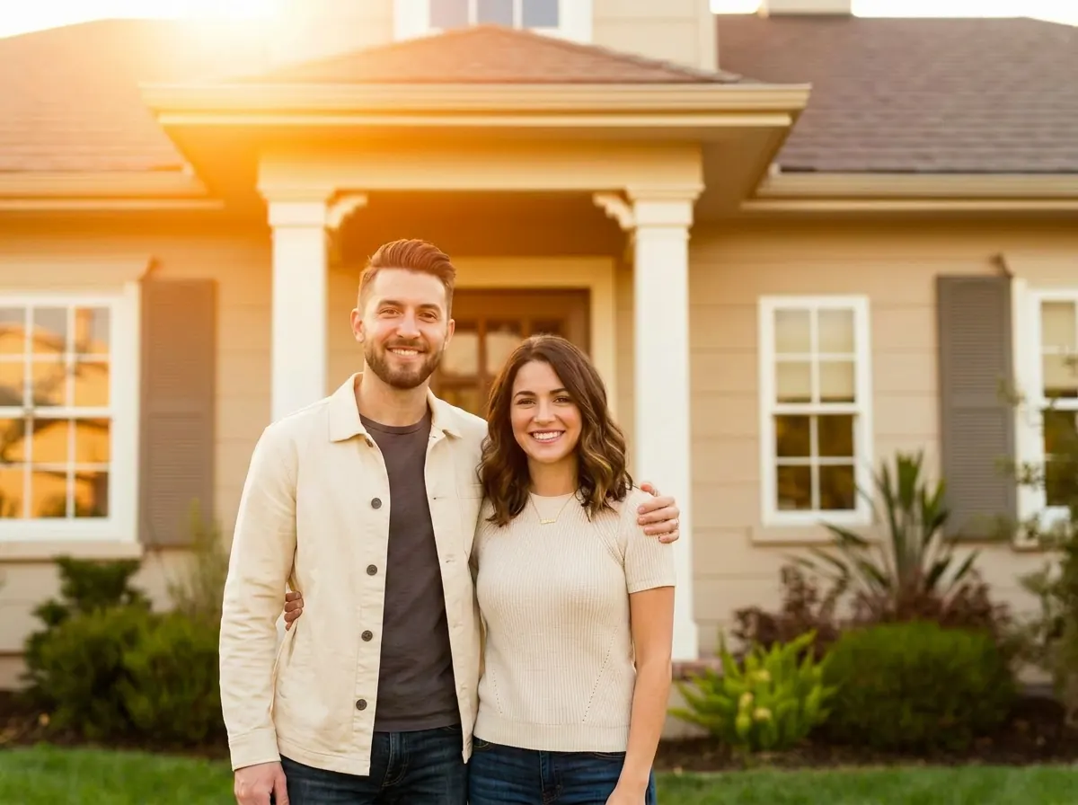Happy family in front of their home protected by HomeTrust Insurance
